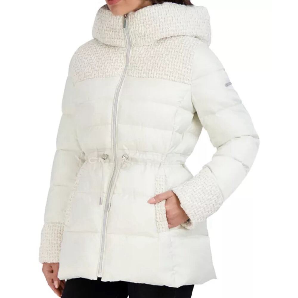 Laundry Shelli Segal Angora Hooded Chunky Knit Anorak Coat White Medium NWT